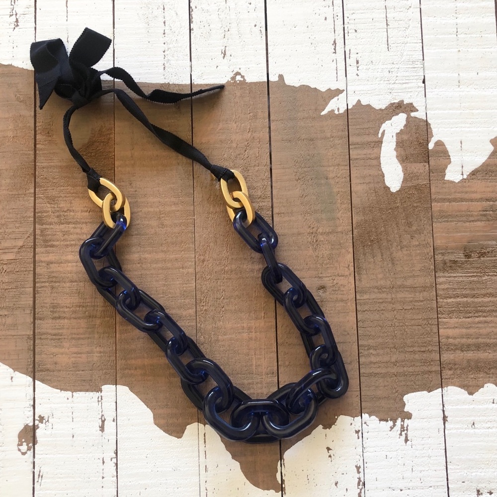 J. Crew Navy Lucite Link Necklace, Ribbon closure